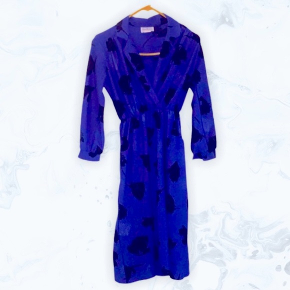 Dresses & Skirts - Vintage Bedford Fair Floral Royal Blue Black Collared Long Sleeve Midi Dress 4